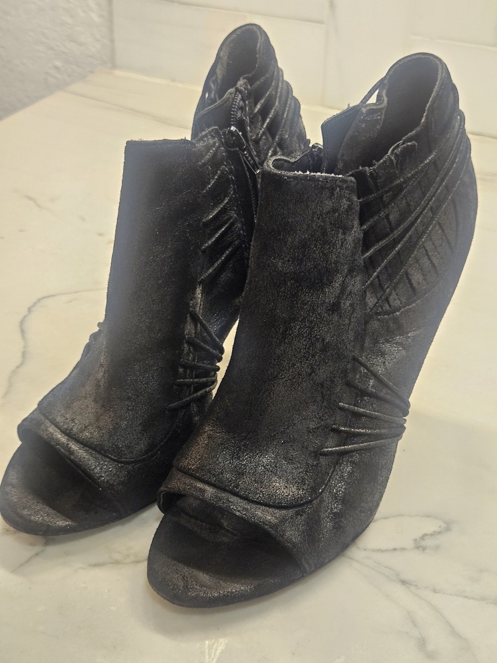 Elizabeth & James Peep Toe Boots Caged Strappy Metallic Black Suede Booties